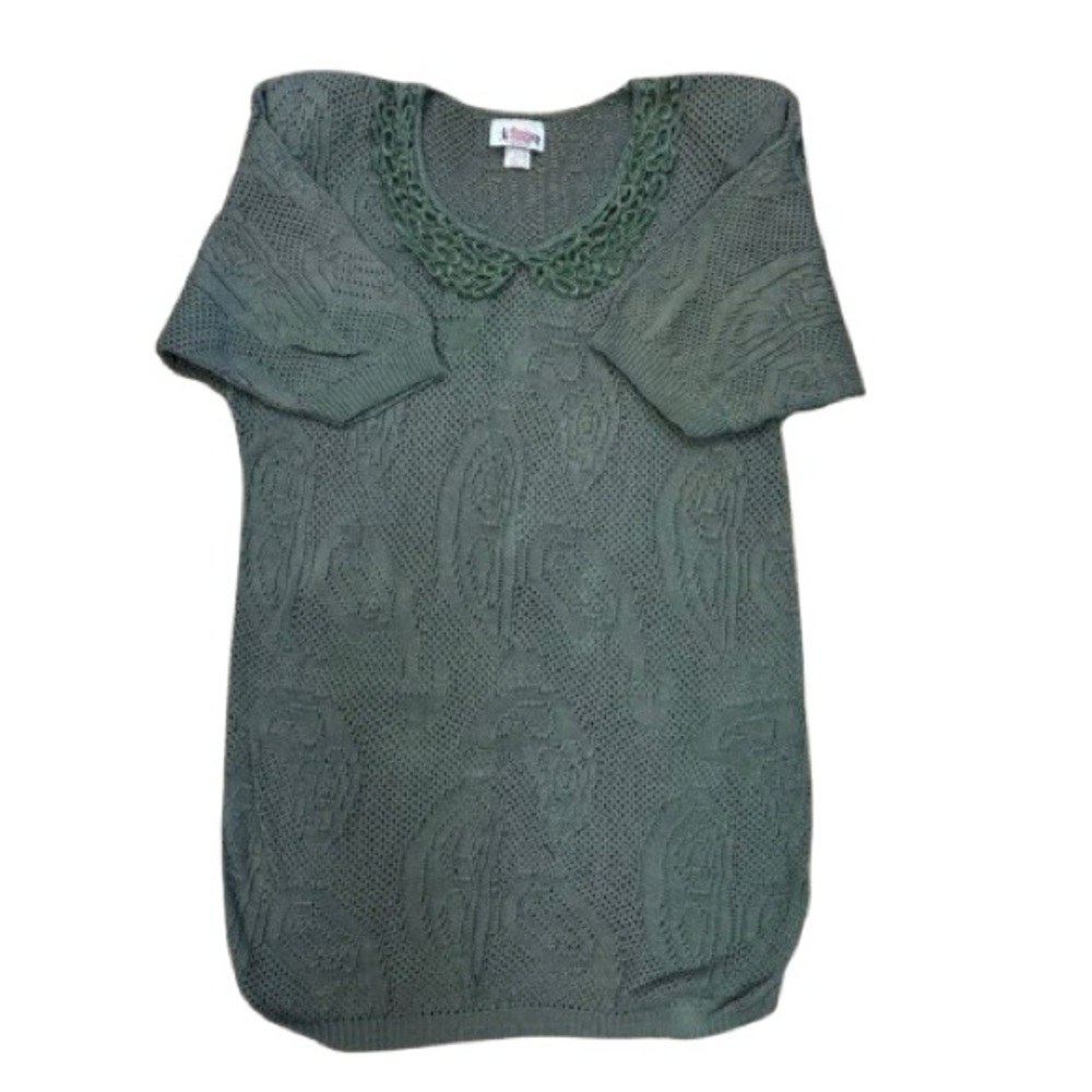Vintage 80s Bright Lights Open Knit Sweater Dress Sage Green Size 16 USA